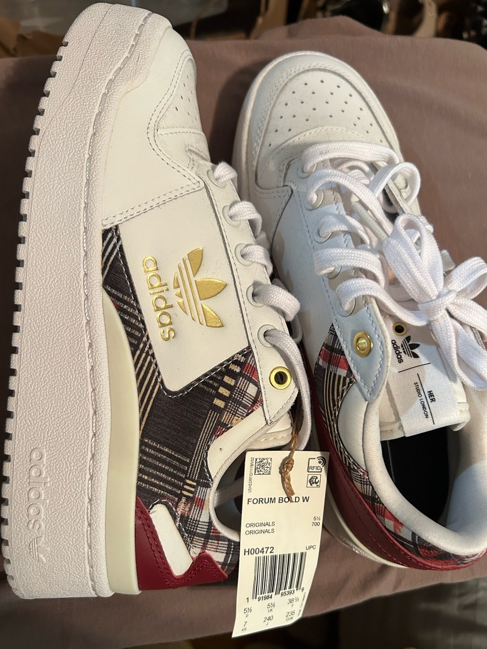 ADIDAS White Multicolor Plaid Low-Top Women’s Sneakers FORUM BOLD Brand New